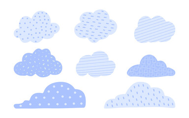 Cute blue doodle cloud set. Monochrome collection of hand drawn decorative clouds with circle spots, dots, lines. Design element great for kids background greeting cards or clothes Vector illustration