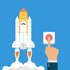 Obraz premium Starting New Project Concept. Businessman Hand Pressing Start Button to Launch Startup Rocket.
