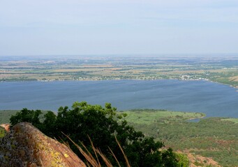 Medium wide shot of Lake Lawtonka, seen from Mt Scott peak, Oklahoma