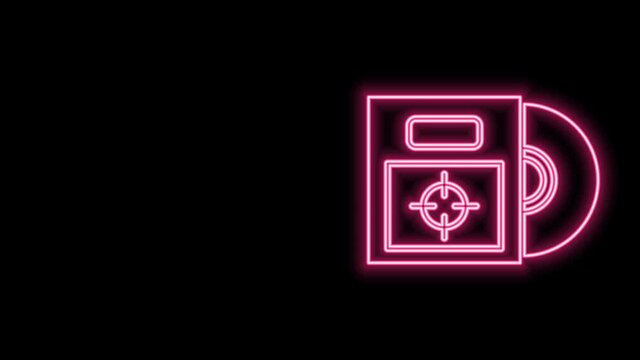 Glowing neon line CD or DVD disk in box icon isolated on black background. Compact disc sign. 4K Video motion graphic animation