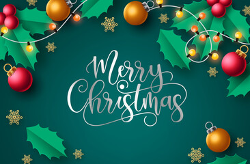 Merry christmas vector background design. Merry christmas greeting text in green background with xmas elements like xmas light, balls and snowflakes  for holiday season celebration. Vector 