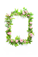 holiday layout. beautiful frame of fresh flowers on a white background. pink buds and green rose leaves. flat lay, top view