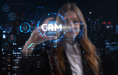 Business, technology, internet and network concept. Young businessman thinks over the steps for successful growth: CRM