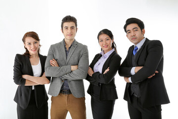 Southeast Asian middle eastern Caucasian young office business man woman wearing suit stand cross armed confident happy success expression on white studio background