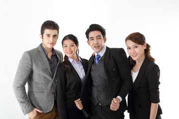 Southeast Asian middle eastern Caucasian young office business man woman wearing suit stand hand on shoulder unity togetherness confident happy success expression on white studio background