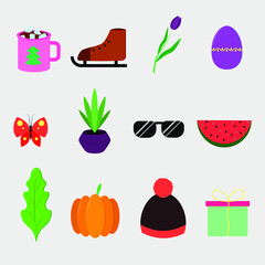 Set of simple flat icons. Vector cartoon illustrations. Isolated objects on a white background.