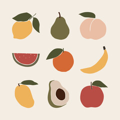 Fototapeta na wymiar Abstract Fruit shapes art print elements. Minimalist Lemon, pear, peach, watermelon, orange, banana, mango, avocado and apple vector illustration.