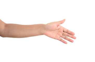 A hand stretched out in front of a white background to make a handshake