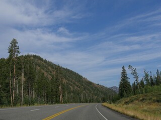 Naklejka premium Scenic winding road along North Fork Highway heading to the east entrance of Yellowstone National Park.