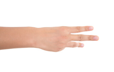 In front of white background, a hand stretches out fingers to make a three gesture