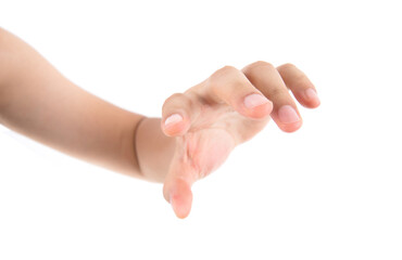 A hand in front of a white background makes a grabbing gesture