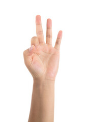 Make an OK gesture with one hand in front of a white background