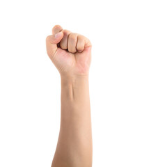 Hand with a clenched fist on white background