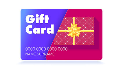Design of gift card. Top down view to gift box with gold bow and trendy pattern. Vector 3d illustration