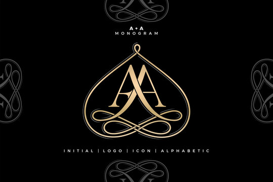 AA monogram, AA initial Wedding , Aa logo company, AA icon business and signs, 
alphabet letter with minimal symbolic infinity gold color designs for fashion, jewelry, boutique and creative templates.