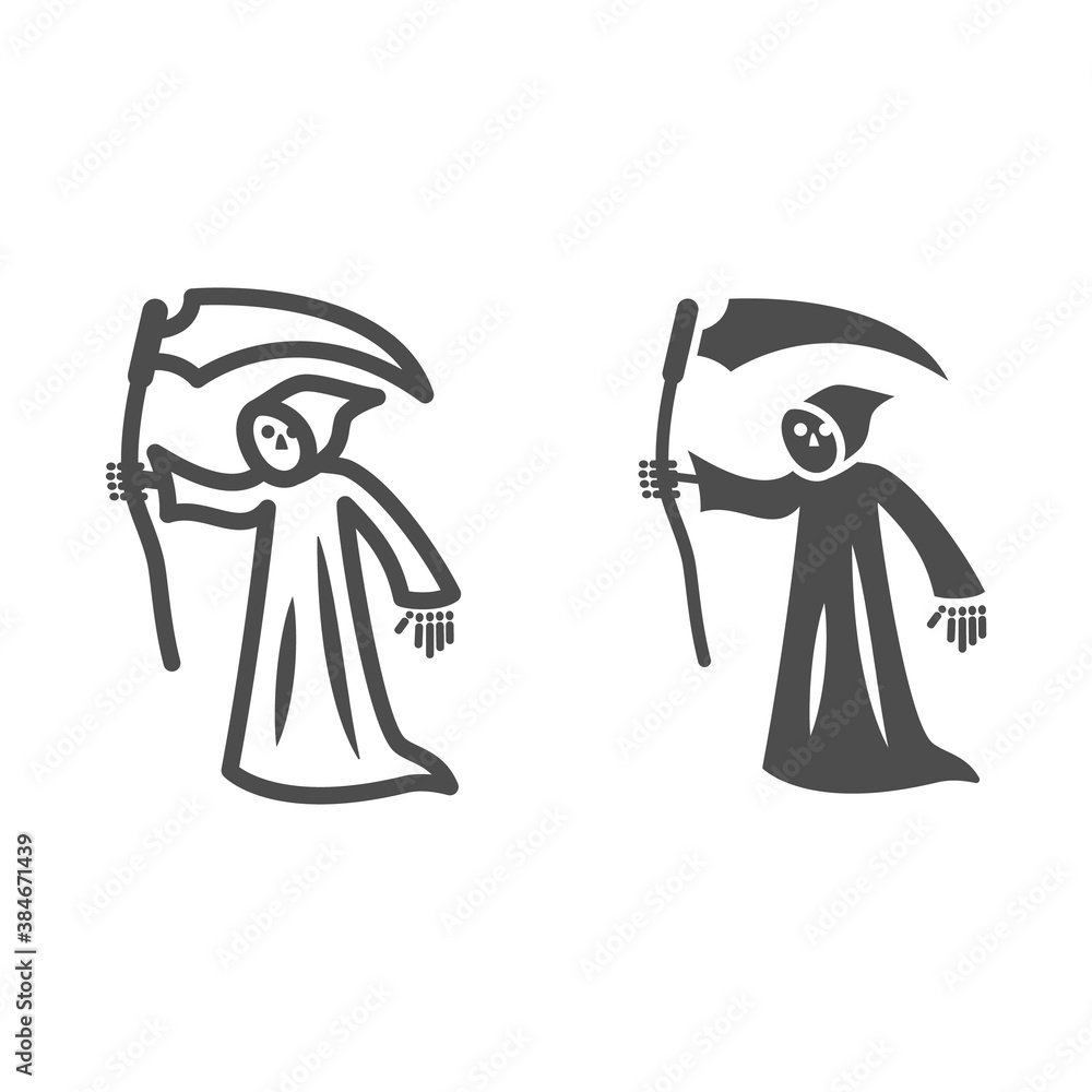 Poster grim reaper line and solid icon, halloween concept, death with scytheman sign on white background, g