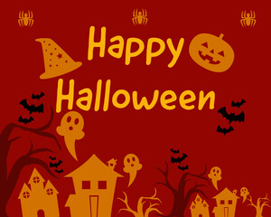 Happy Halloween wishes greeting card, halloween background with pumpkin, bats and spider, graphic design illustration wallpaper