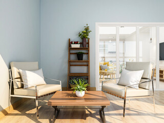 There are leisure tables and chairs on the modern balcony. The sunshine is shining and comfortable. It is a good place for leisure and entertainment