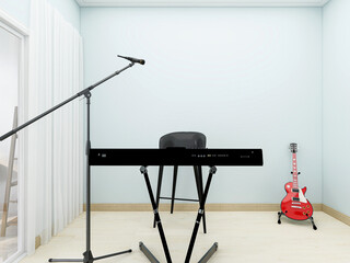 There are piano and Cello in modern piano room