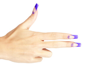 Hand with blue french acrylic nails manicure and painting