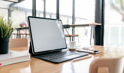 Fototapeta premium Blank screen tablet with keyboard and supplies on wooden table in co-workspace.