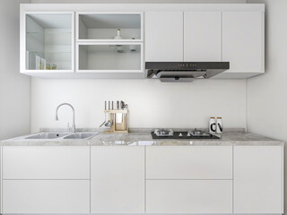 The modern clean kitchen has clean kitchen utensils and countertops

