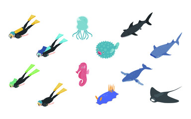 Scuba diving and free diver and underwater animals isometric icons and ground objects vector illustration