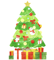 水彩風クリスマスツリーの下にプレゼントがおいてあるイラスト