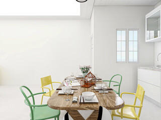 There are bright chairs and dining room facilities