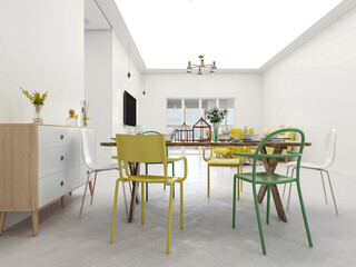 There are bright chairs and dining room facilities