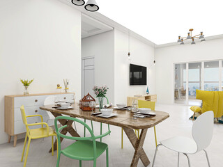 There are bright chairs and dining room facilities
