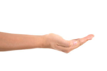 In front of a white background, one hand makes an upward gesture of picking up something