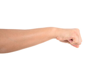 Clenched fist strikes out in front of white background
