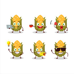 Corn cartoon character with various types of business emoticons