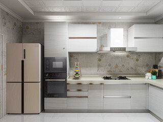 The sun shines through the clean and tidy kitchen with kitchen utensils and refrigerators