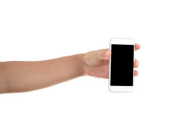 A hand holding a mobile phone in front of white background