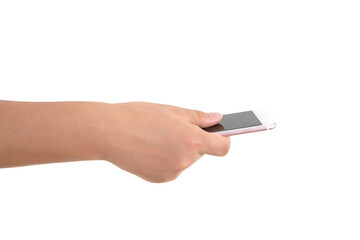 A hand holding a mobile phone in front of white background