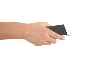 A hand holding a mobile phone in front of white background