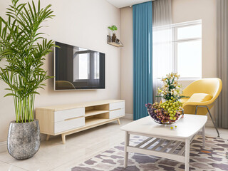 There are sofa, table and other facilities in the bright and tidy living room