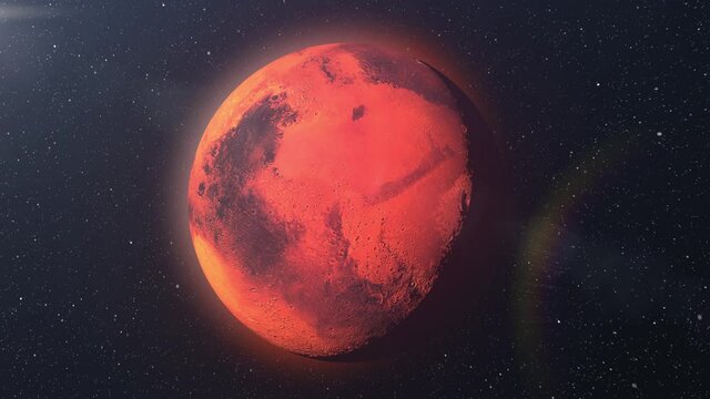 Planet Mars rotates with stars and sun flare

Realistic cinematic vision, red planet, outer space view

