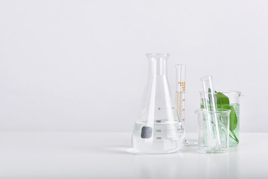 Natural organic extraction and green herbal leaves, Scientific glassware in laboratory.