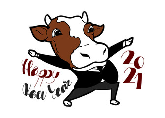 Cow in suit with funny gestures and Happy New Year 2021 handwritten.