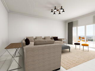 There are sofa, table and other facilities in the bright and tidy living room