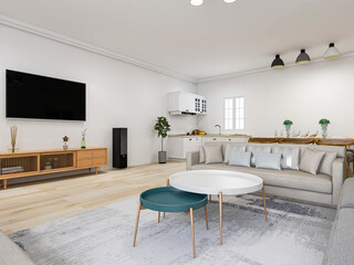 There are sofa, table and other facilities in the bright and tidy living room