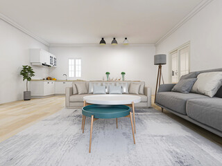 There are sofa, table and other facilities in the bright and tidy living room