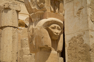 Hathor headed column in Temple of Hatshepsut, Luxor, Thebes, Egypt