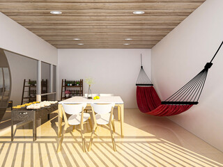 The sunny balcony has tables, chairs, green plants and so on. The sunlight comes in, 