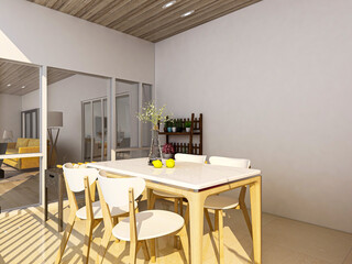 The sunny balcony has tables, chairs, green plants and so on. The sunlight comes in, 