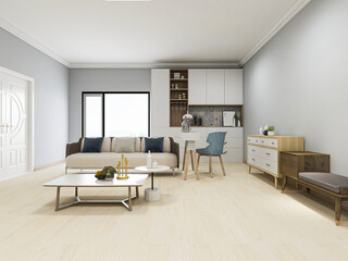 There are sofa, table and other facilities in the bright and tidy living room