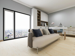 There are sofa, table and other facilities in the bright and tidy living room